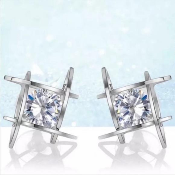 NEW SILVER 3D CAGE DIAMOND STUD EARRINGS - Picture 2 of 6